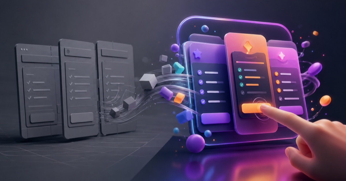 Flat grey interface cards on the left, the same cards lit and animating under a fingertip on the right