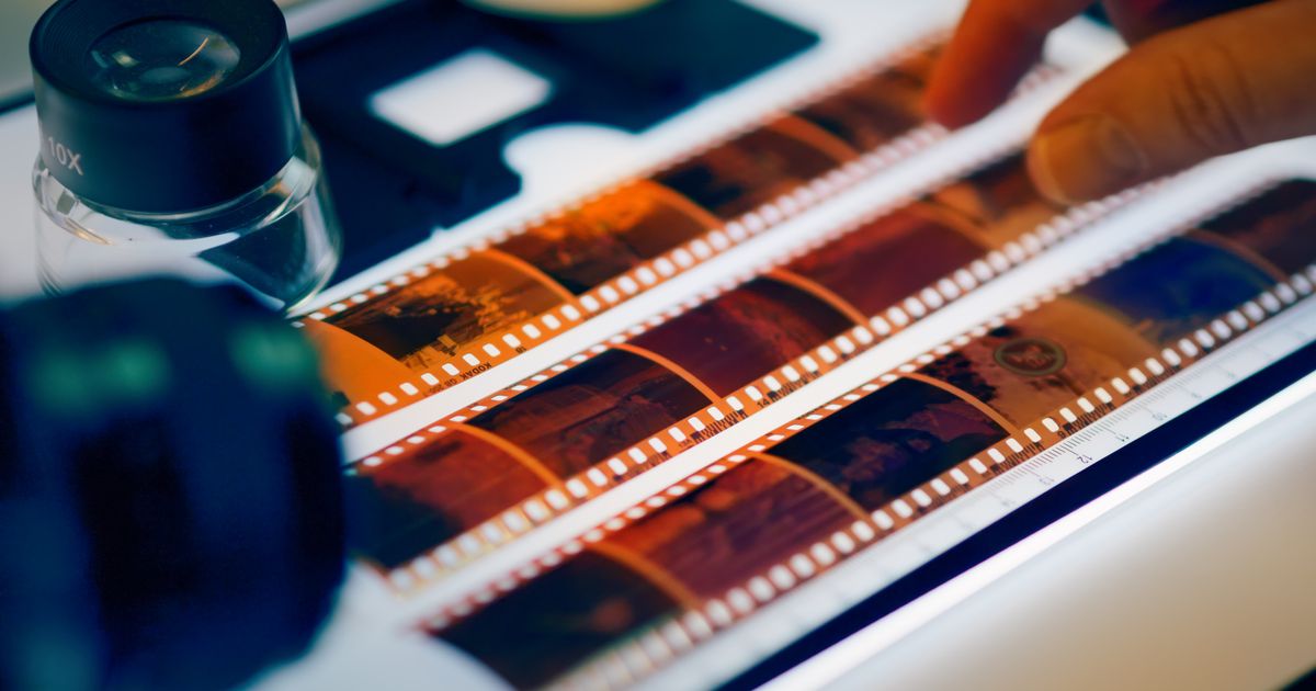 Film negatives on a lightbox being scanned